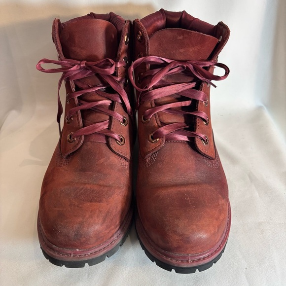 TIMBERLAND Sz 9.5 Red Leather Lace Up Boots With Satin Laces Chunky Soles - Picture 2 of 13